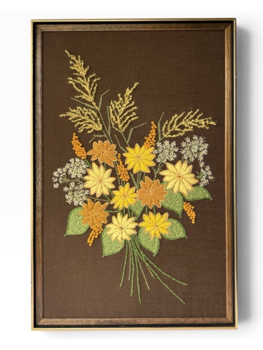 Vintage Retro Goldenrod Autumn Floral Completed Crewel Framed Wall Art 19x29